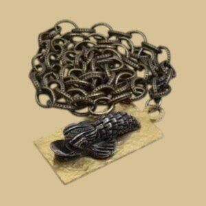 Vintage Tribal Fish Necklace Thick Link Chain Garnet Color Eyes Unisex Steampunk